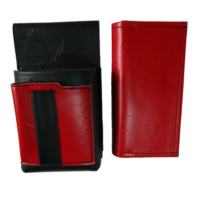 Artificial leather set - moneybag (red, 2 zippers) and pouch with a colour element