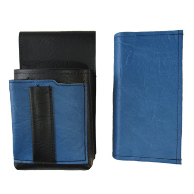Kunstlederset - Brieftasche (blau, 2 Reißverschlüsse) und Futteral mit einem farbigen Element