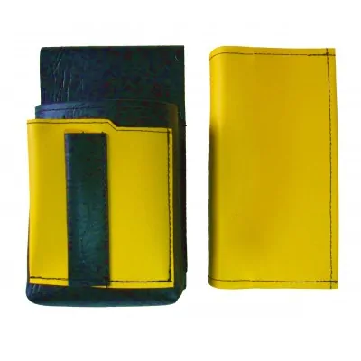 Koženkový set - peňaženka (žltá, 2 zipsy) a vrecko s farebným prvkom