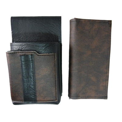 Artificial leather set - moneybag (black-brown, 2 zippers) and pouch with a colour element
