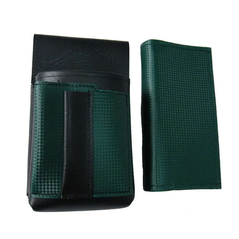 Koženkový set - peňaženka (tmavo zelená, 2 zipsy) a vrecko s farebným prvkom