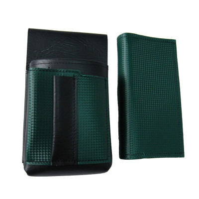 Artificial leather set - moneybag (dark green, 2 zippers) and pouch with a colour element