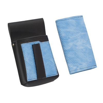 Artificial leather set - moneybag (grooved, blue, 2 zippers) and pouch with a colour element
